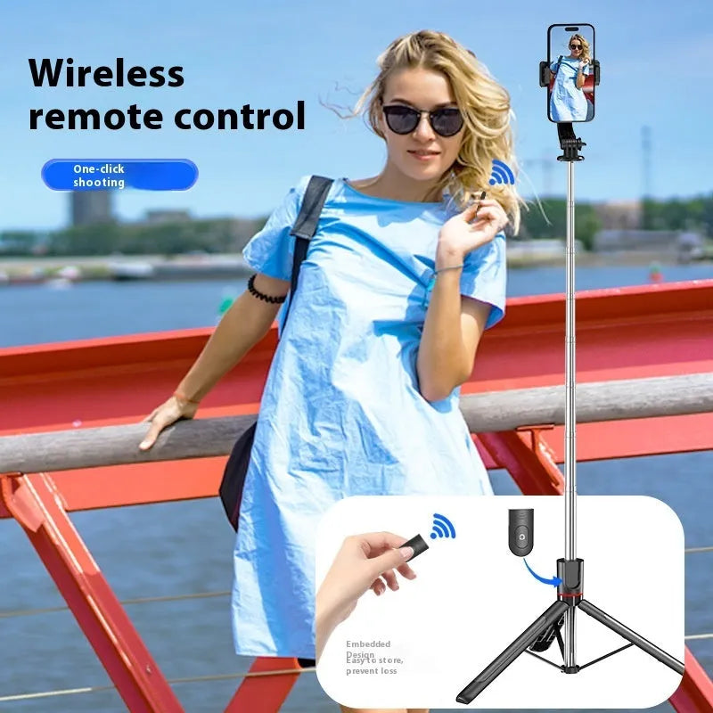 Portable tripod selfie stick with Bluetooth remote telescopic rod in black ABS and stainless steel