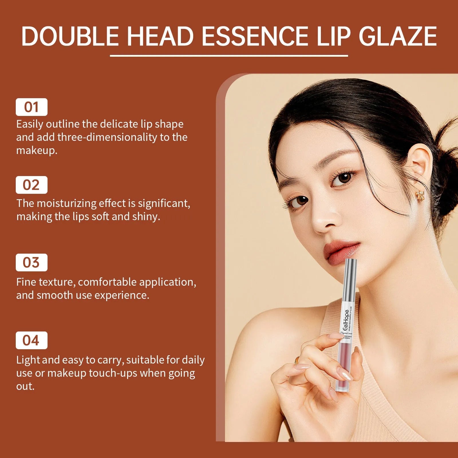 Double-headed lip liner and lip lacquer pen in black coffee, fragrant, and oat almond colours