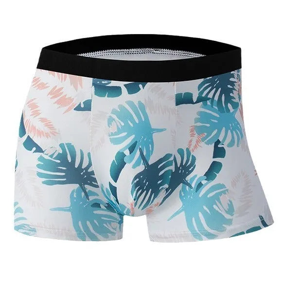 Men's printed ice silk underwear in floral, brown, and seaside designs showing mid waist fit.
