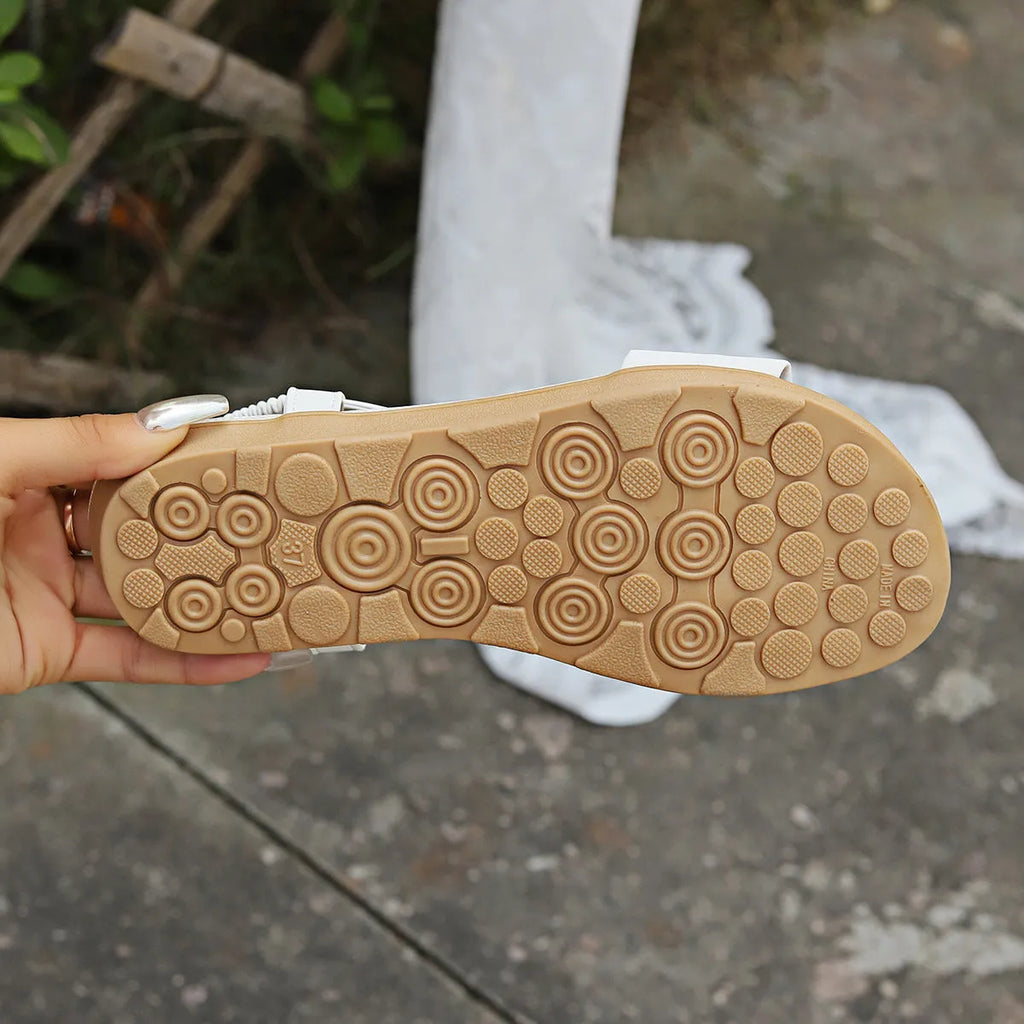 Women's solid white butterfly beaded Roman sandals with imitation leather lining and rubber sole