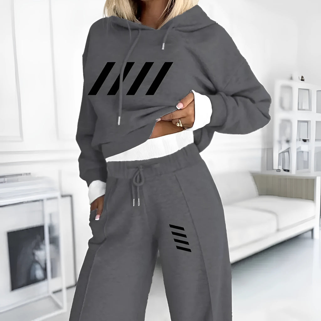 Women's hooded sweatshirt and pants set in light gray or dark gray, polyester, sizes S to XXL, casual Korean style.