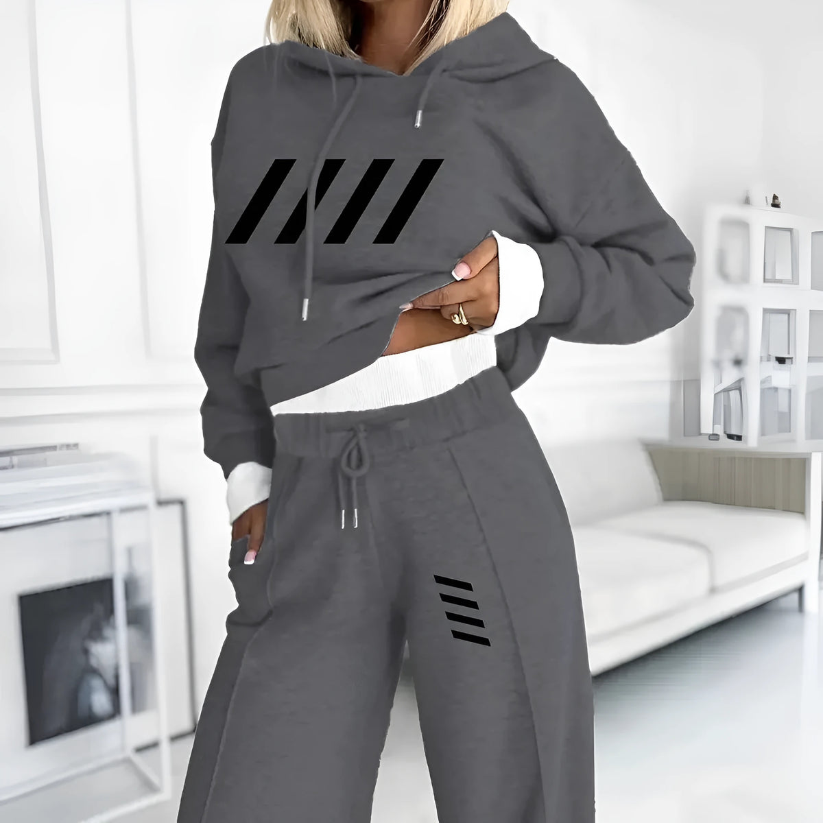 Women's hooded sweatshirt and pants set in light gray or dark gray, polyester, sizes S to XXL, casual Korean style.