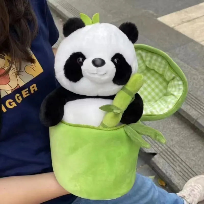 Simulated bamboo tube flower panda pillow plush toy 25cm PP cotton filling animal shape
