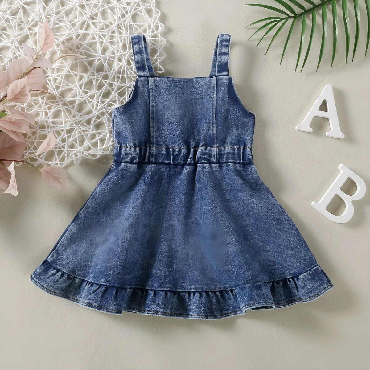 Baby girl cotton denim strap dress in casual suspender skirt style, sizes 80cm to 120cm