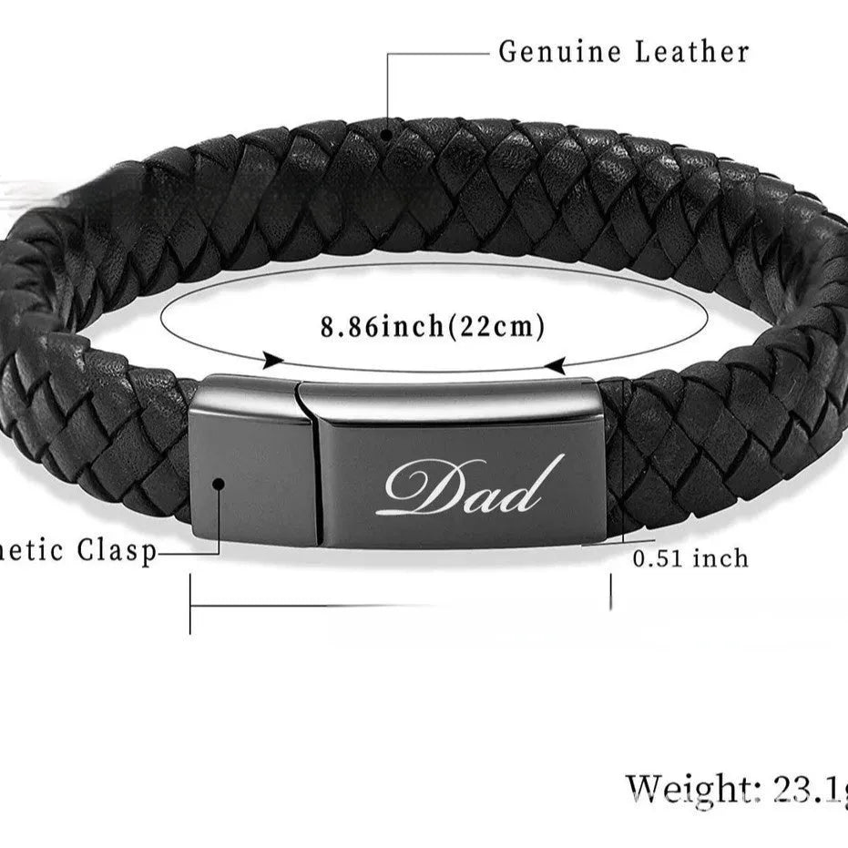 Black stainless steel and leather memorial bracelet with personalised lettering in a gift box.
