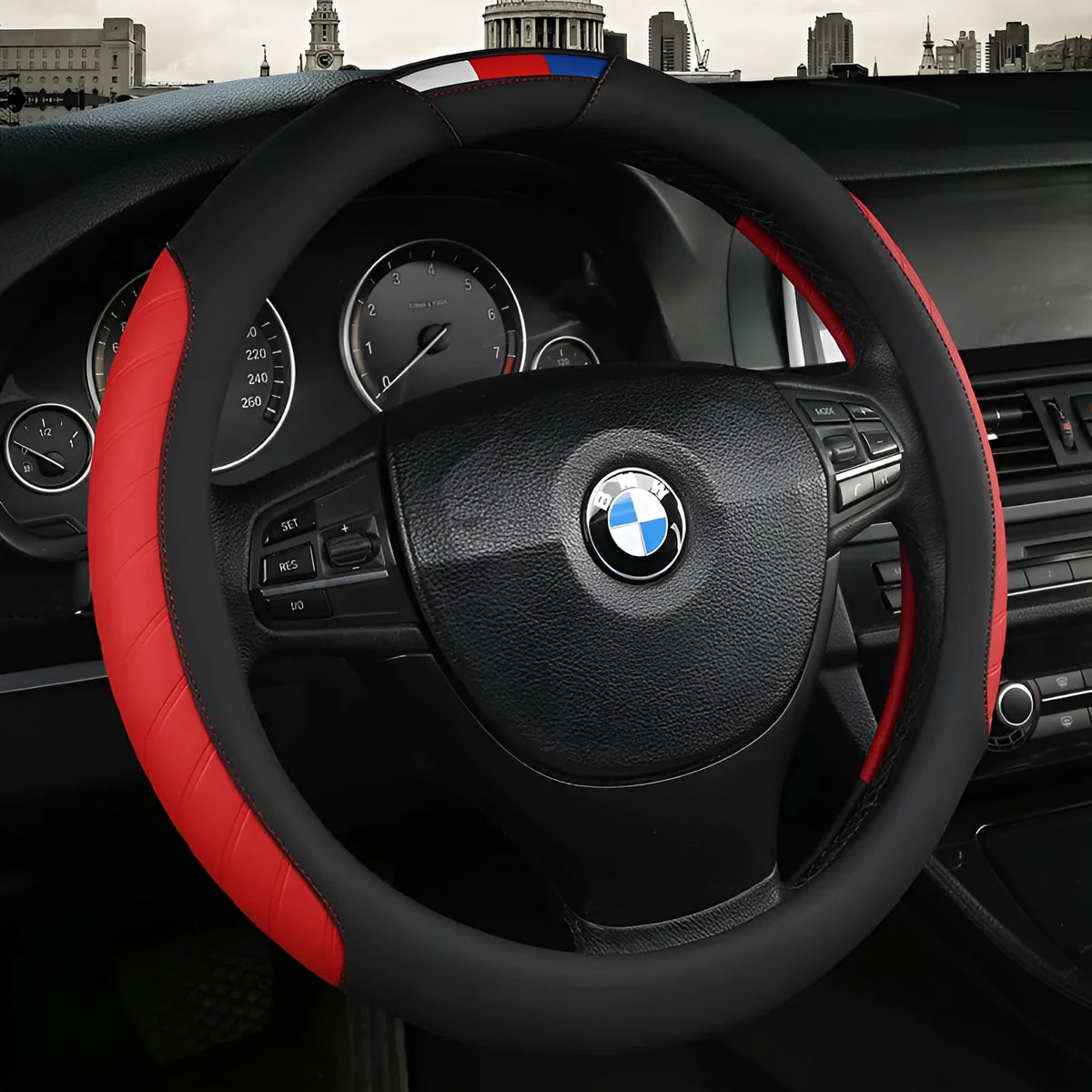 PU colour block car steering wheel cover in blue, black, grey, red or coffee, 36cm, 38cm or 40cm