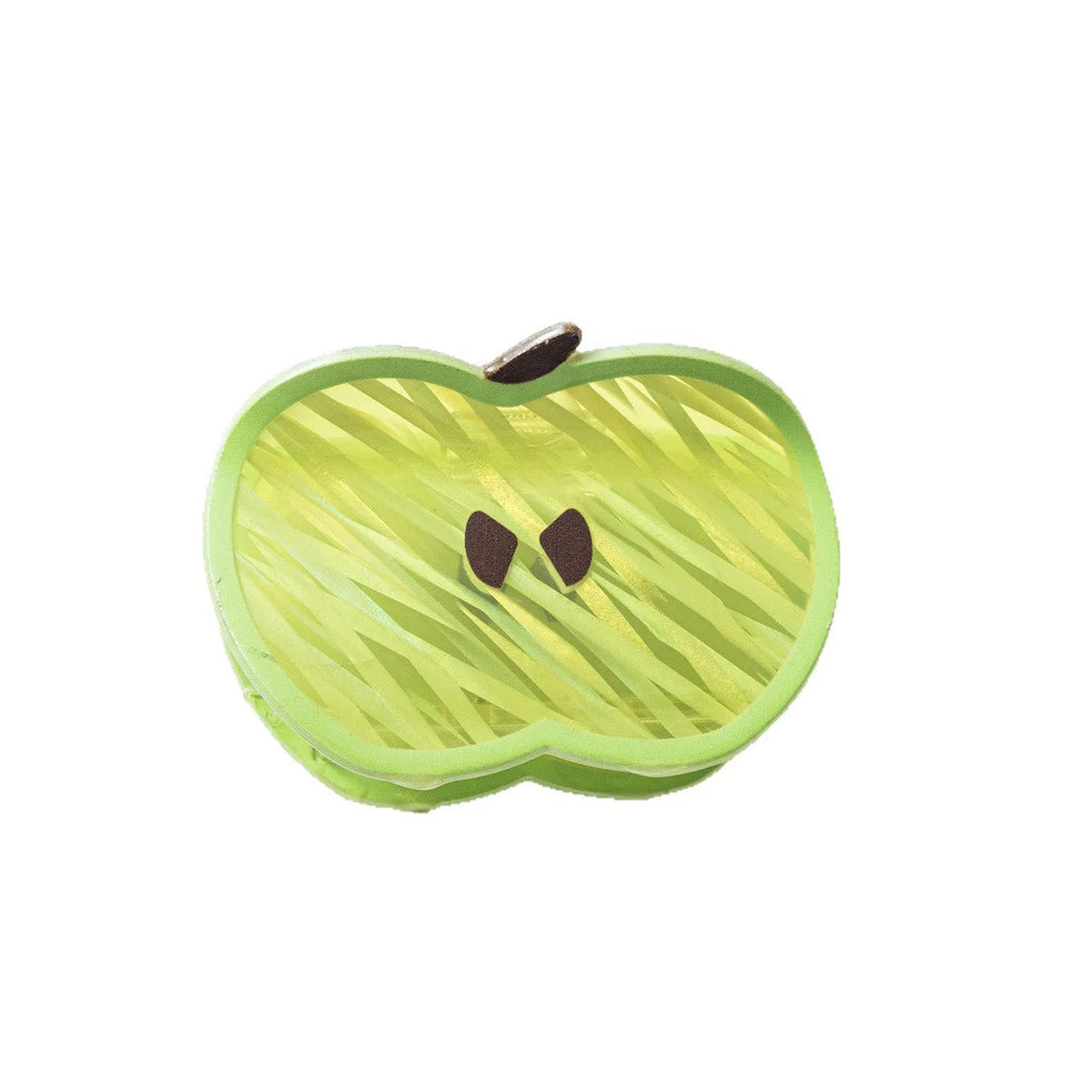 Green apple-shaped PVC claw clip, 7.5cm long, 2cm wide and 5cm high, polished fruit-themed hair grip for women