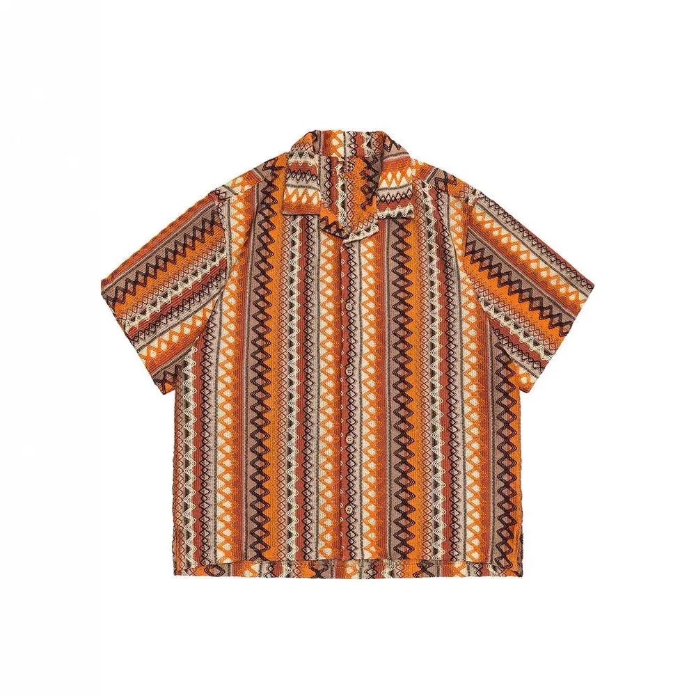 Men's ethnic pattern Cuban collar shirt with contrasting colours in loose fit summer design