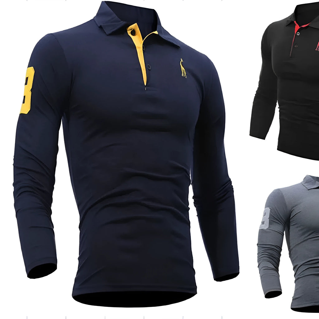 Men's loose fit long sleeve polo collar top with embroidered deer digital design, white or dark blue