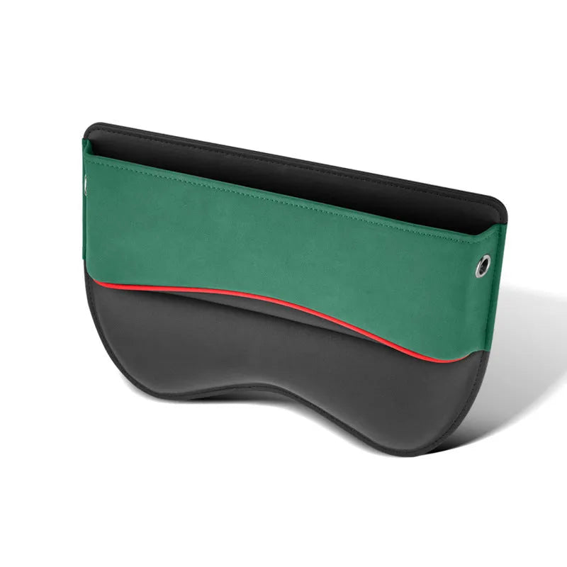 Leather car seat storage box in a choice of five colours on a car rear seat.