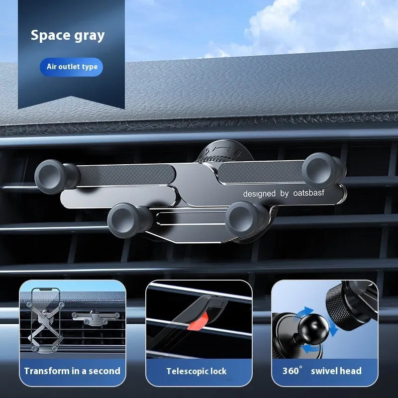 Universal anti-shake alloy car gravity bracket for air outlet, shown in black, grey, or silver