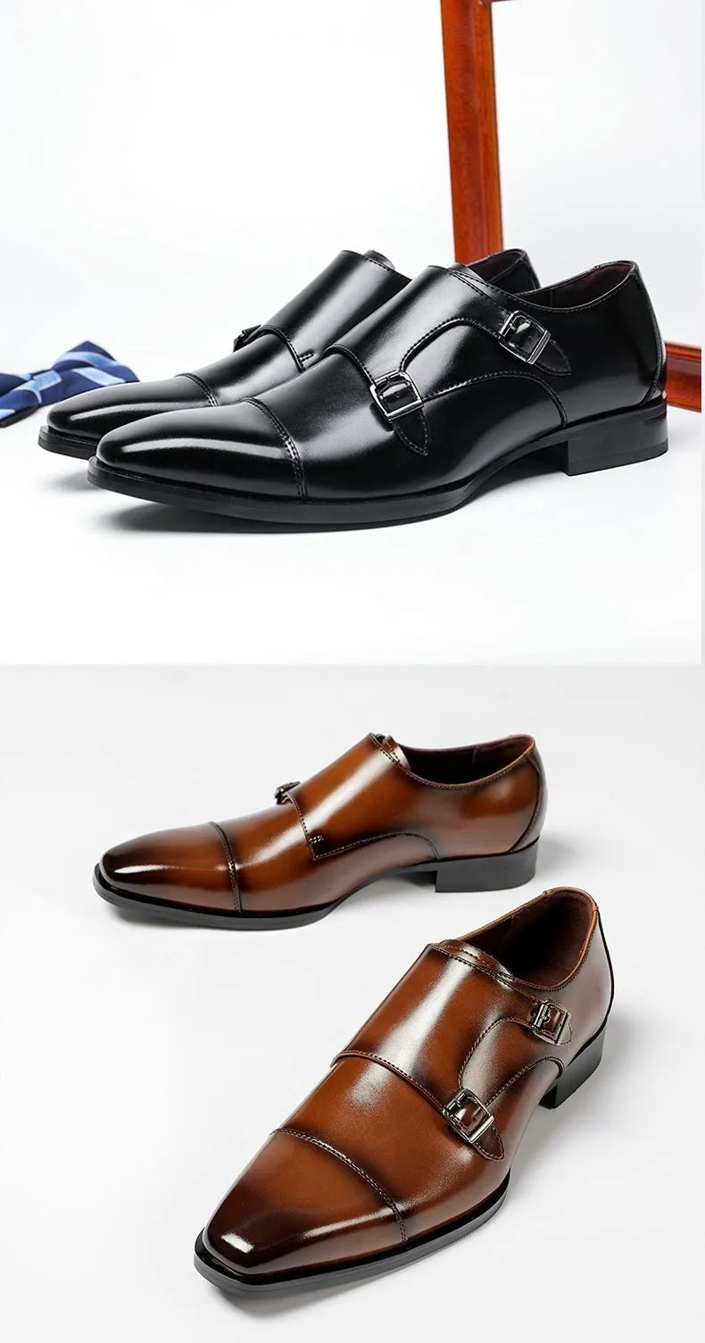 Men's black leather business shoes with square toe design and rubber sole