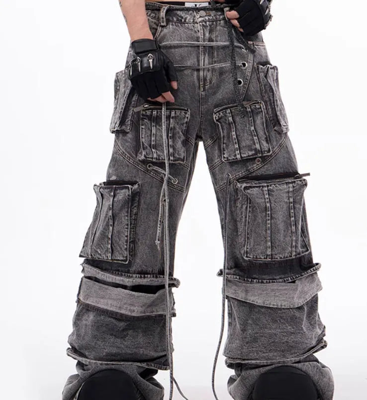 Grey distressed denim mop pants with rope stitching details American-style overalls