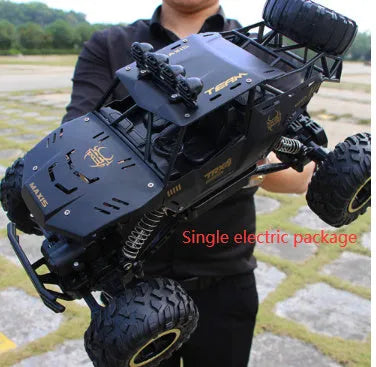 Black and silver 2.4G wireless remote control off-road cars in 28cm and 37cm sizes on rough terrain