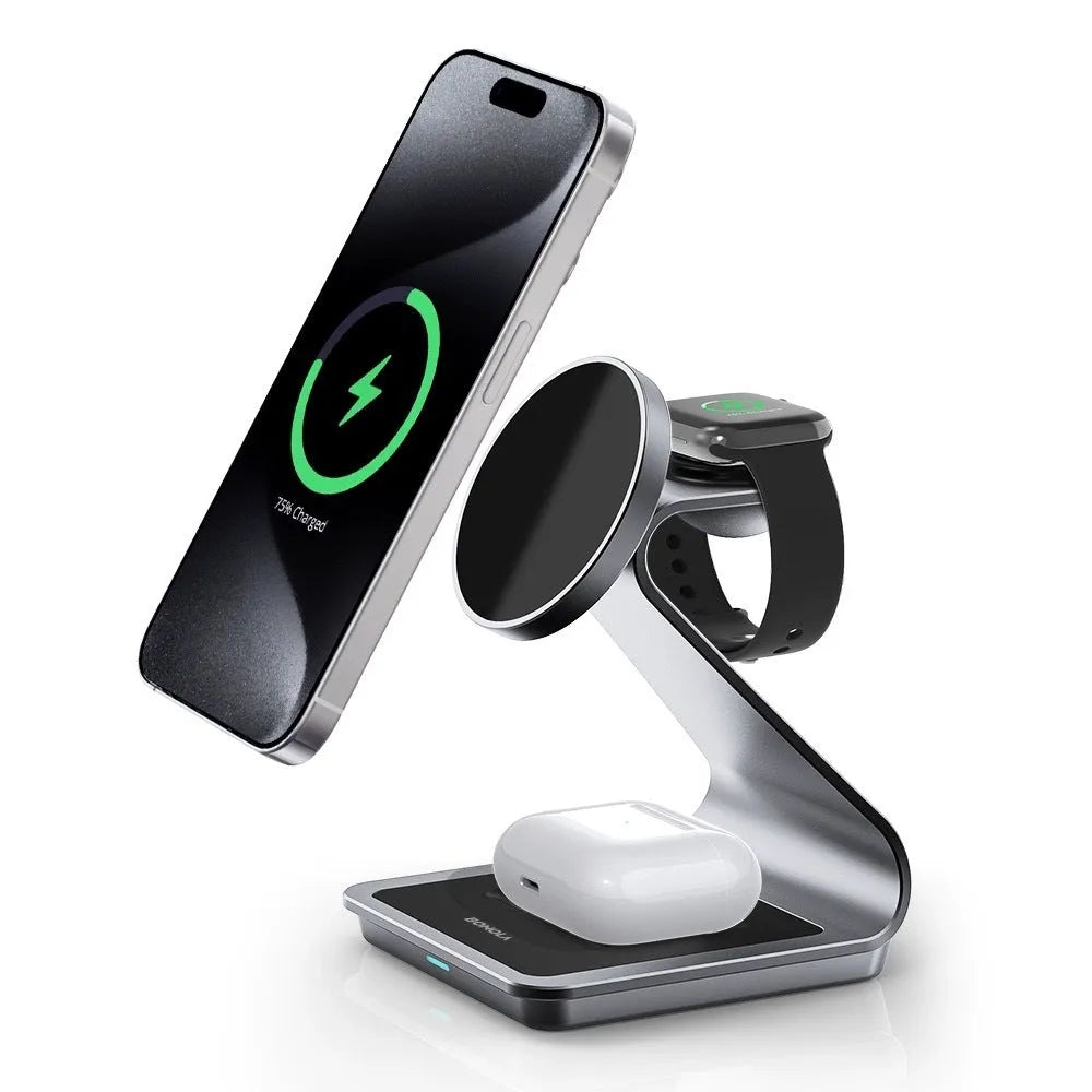 3-in-1 magnetic wireless charger in black or white aluminium alloy and ABS, 96 x 90 x 126mm, with phone, Apple Watch and earphone charging sections