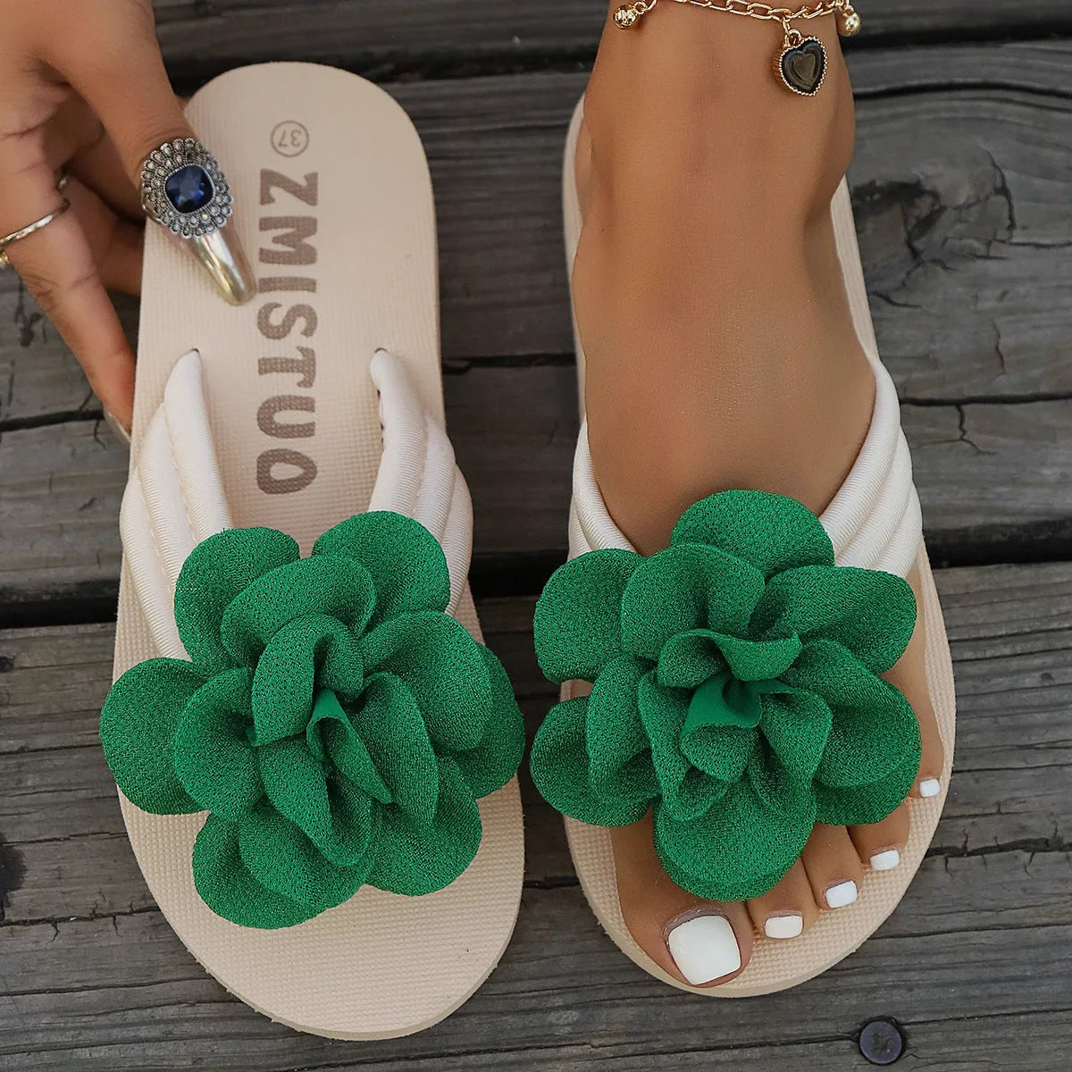 Plus size casual slippers with flower pattern on PU upper, in beige.