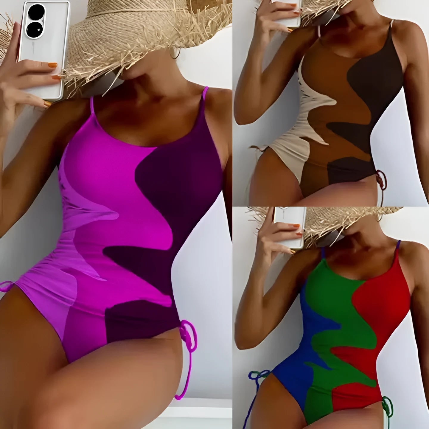 Women's blue sleeveless backless one-piece swimsuit on a hanger showing striped print detail.