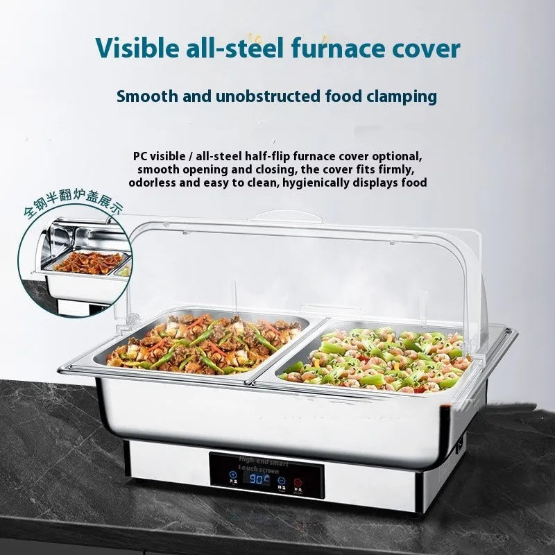 Stainless steel electric buffet stove with transparent flip lid and LCD temperature control screen.