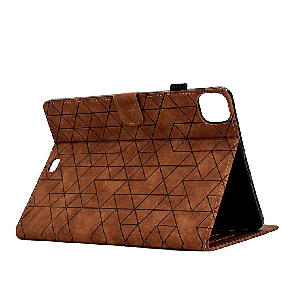 Embossed leather iPad case for iPad Pro 11 and Air 11 with card holder slot and stand open.