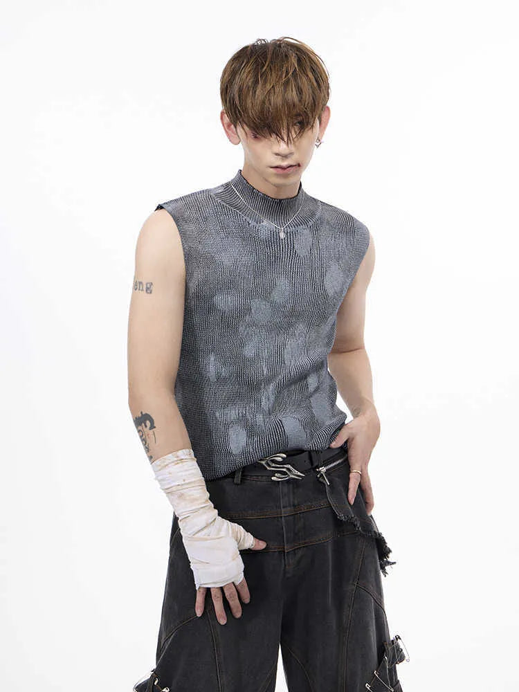 Men's black silver pastebrushing stretch turtleneck sleeveless vest with stand collar