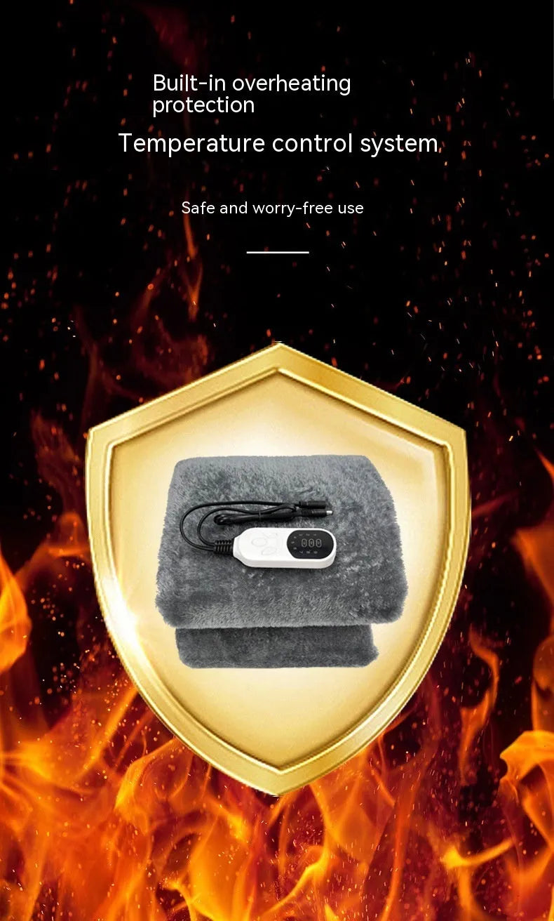 Grey 12V car electric blanket with cigarette lighter plug and temperature control, shown in single and double size options
