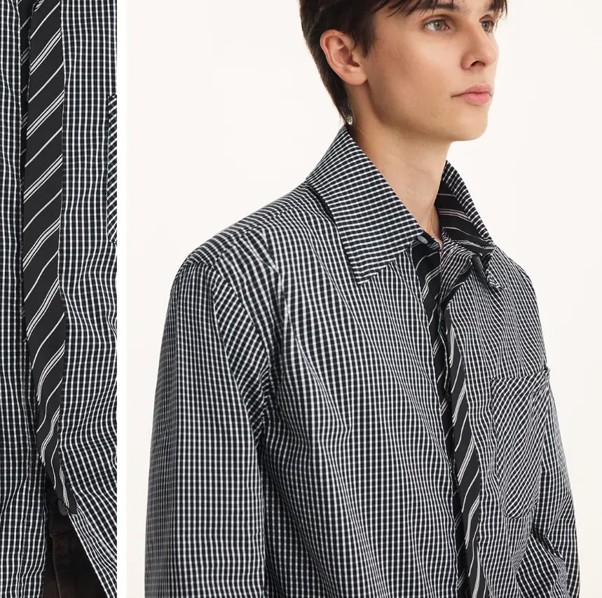 Men's fake two-piece tie shirt, long sleeve, loose fit, black or blue, cotton blend, non-ironing, autumn top