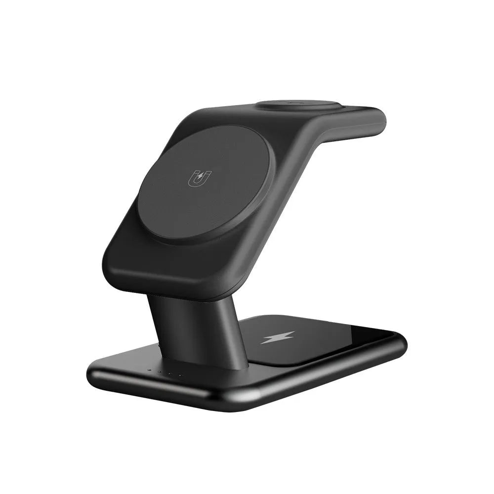 3-in-1 magnetic wireless charging bracket in black with phone, watch, and earbuds placed on charging pads