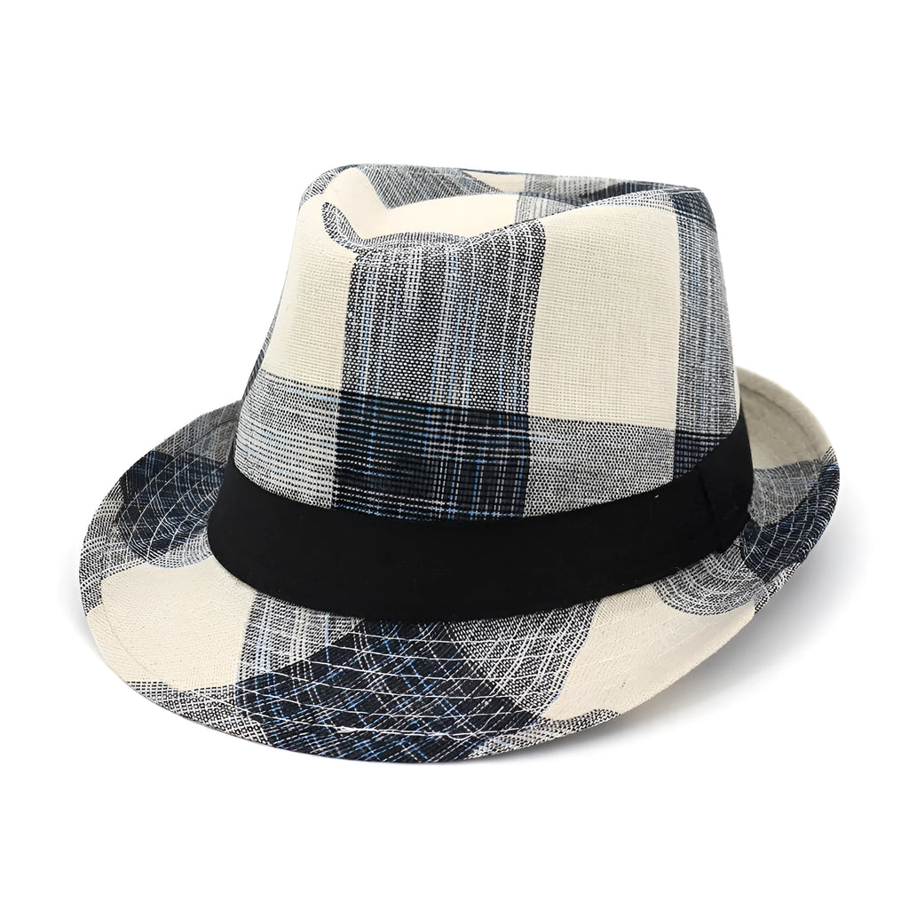 Polyester straw sun hat with bell crown and 4.5cm brim in black or blue colour options