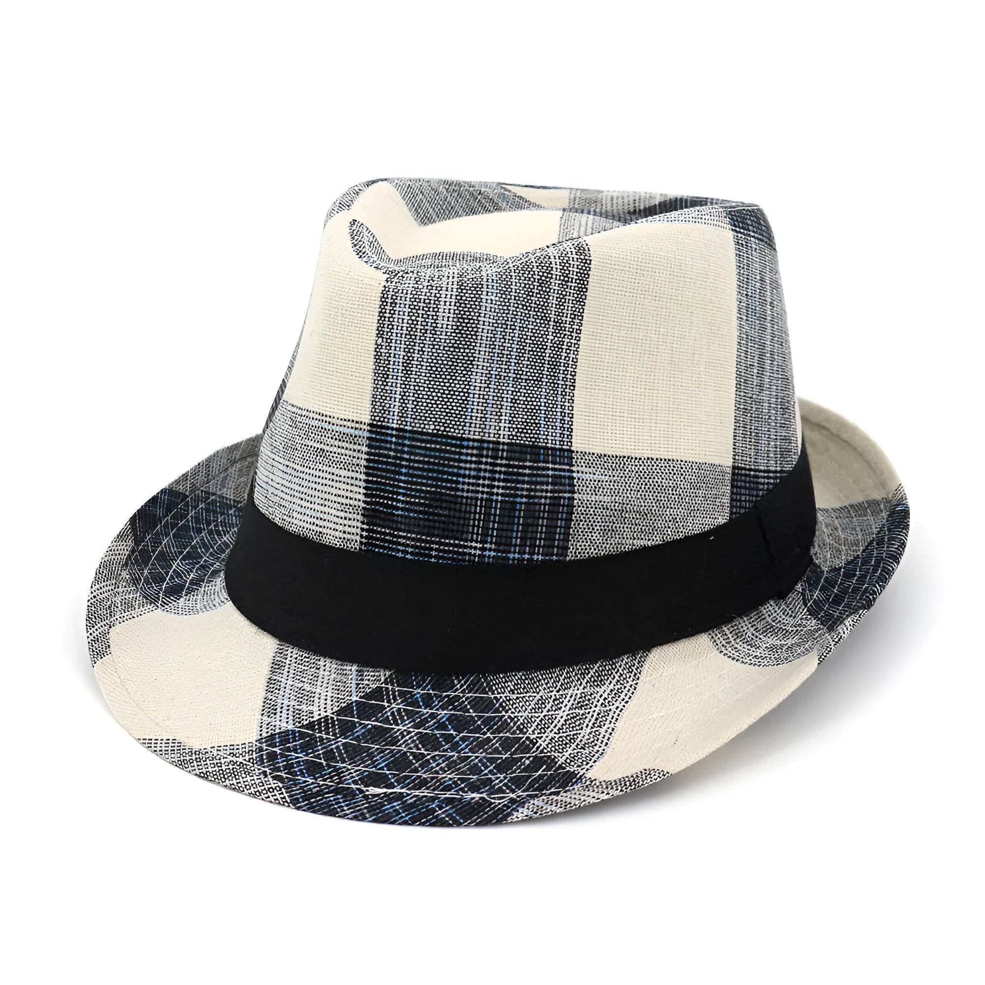 Polyester straw sun hat with bell crown and 4.5cm brim in black or blue colour options