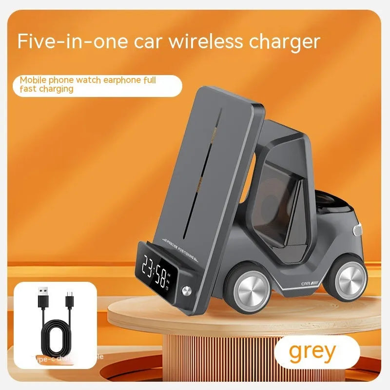 Grey 15W wireless fast charging bracket holding a smartphone, showing its compact size and Type-C port.