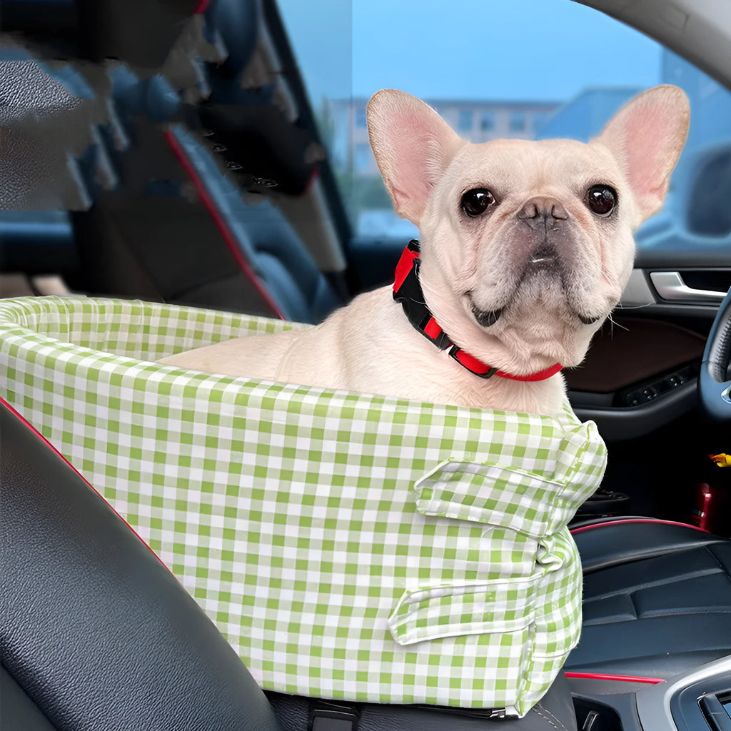 Plaid pet car kennel in cloth and PP cotton, 42 x 22 x 20 cm, shown for car travel and going out