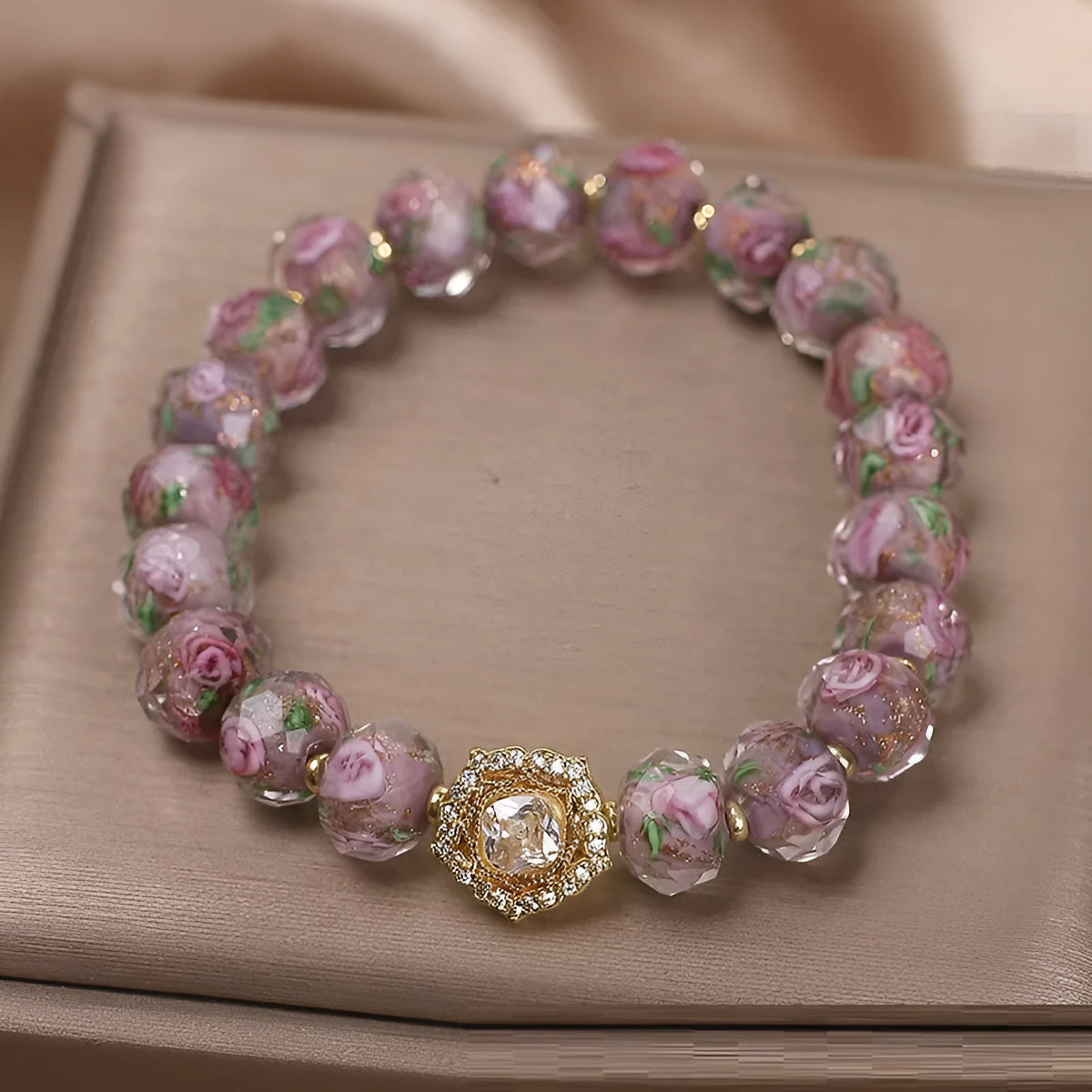 Purple glass beaded bracelet for women with coloured glaze and electroplated finish