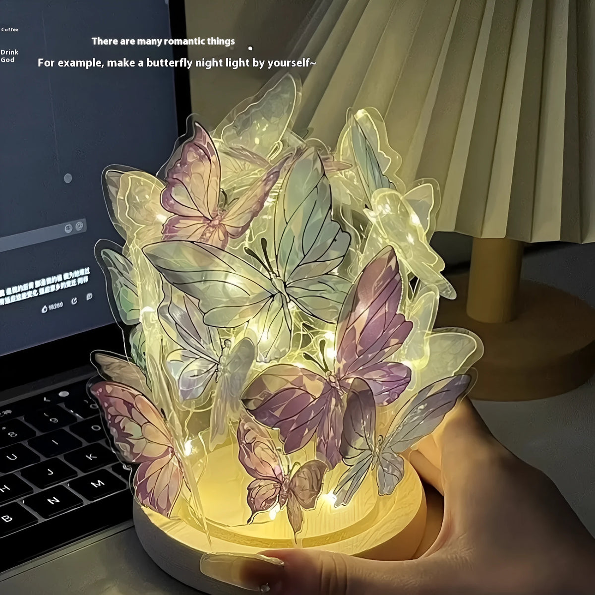Butterfly night lamp with glass shade on raw wood base for bedroom ambience lighting