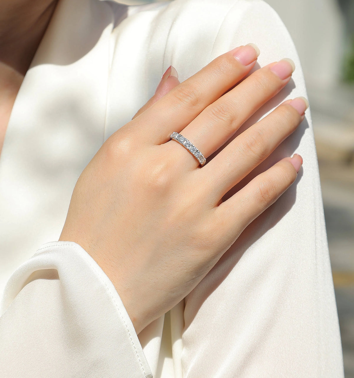 Lucky wedding ring set with 0.1-carat moissanite, S925 silver platinum plated band, sizes 5 to 9, gift box