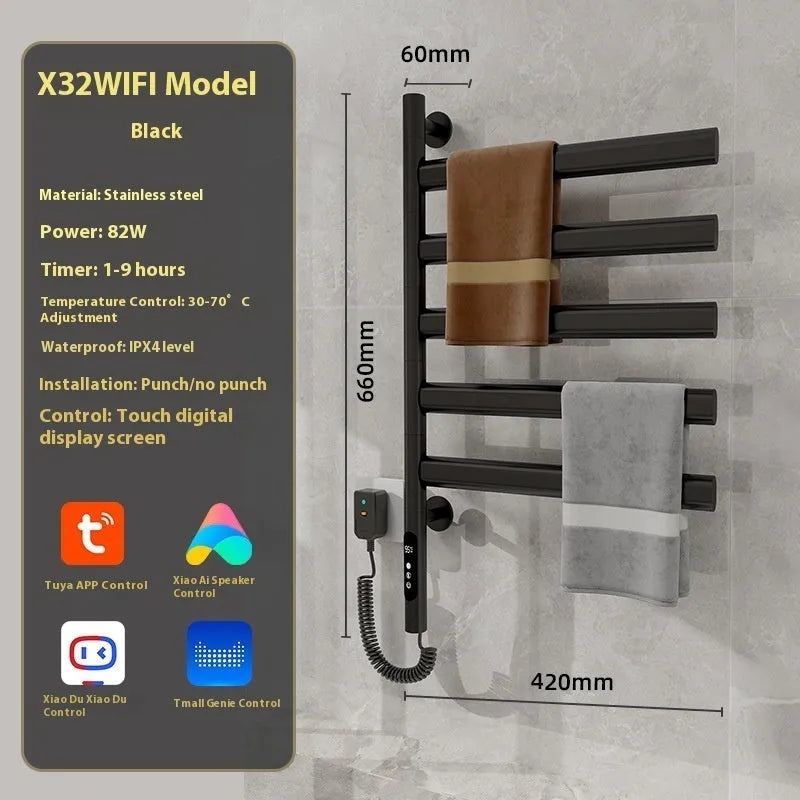 Black stainless steel electric towel rack with 5 layers and constant temperature heating, wall-mounted