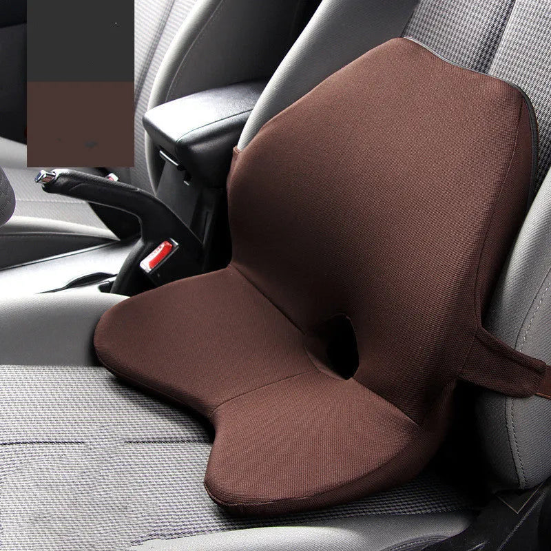 Car seat waist cushion with memory foam padding in beige colour, shown alongside a black version with headrest