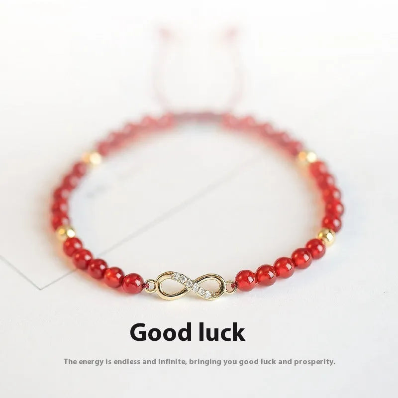 Hand-woven red agate bracelet with ethnic style design and diamond-shaped beads