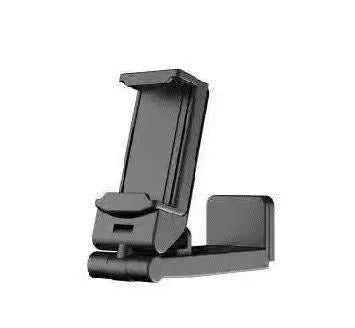Foldable rotating phone holder in black, showing adjustable head and compact folded position.