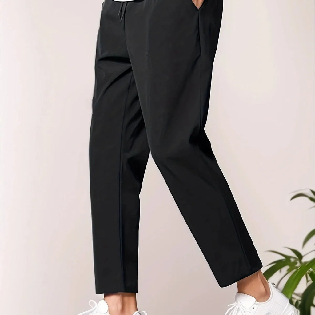 Men's slim-fit ankle length polyester trousers, mid waist tapered cropped pants in black, grey, dark green, navy blue