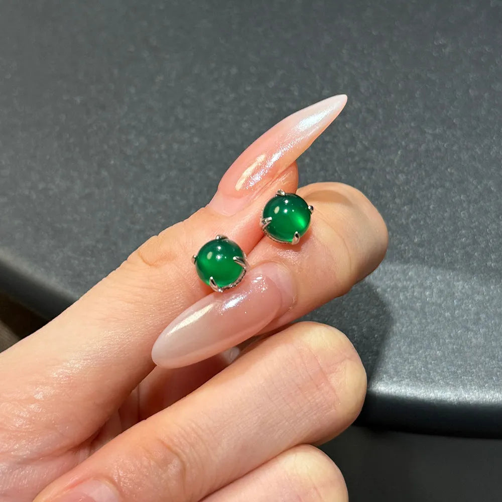 S925 sterling silver green chalcedony stud earrings with platinum electroplating and geometric round shape