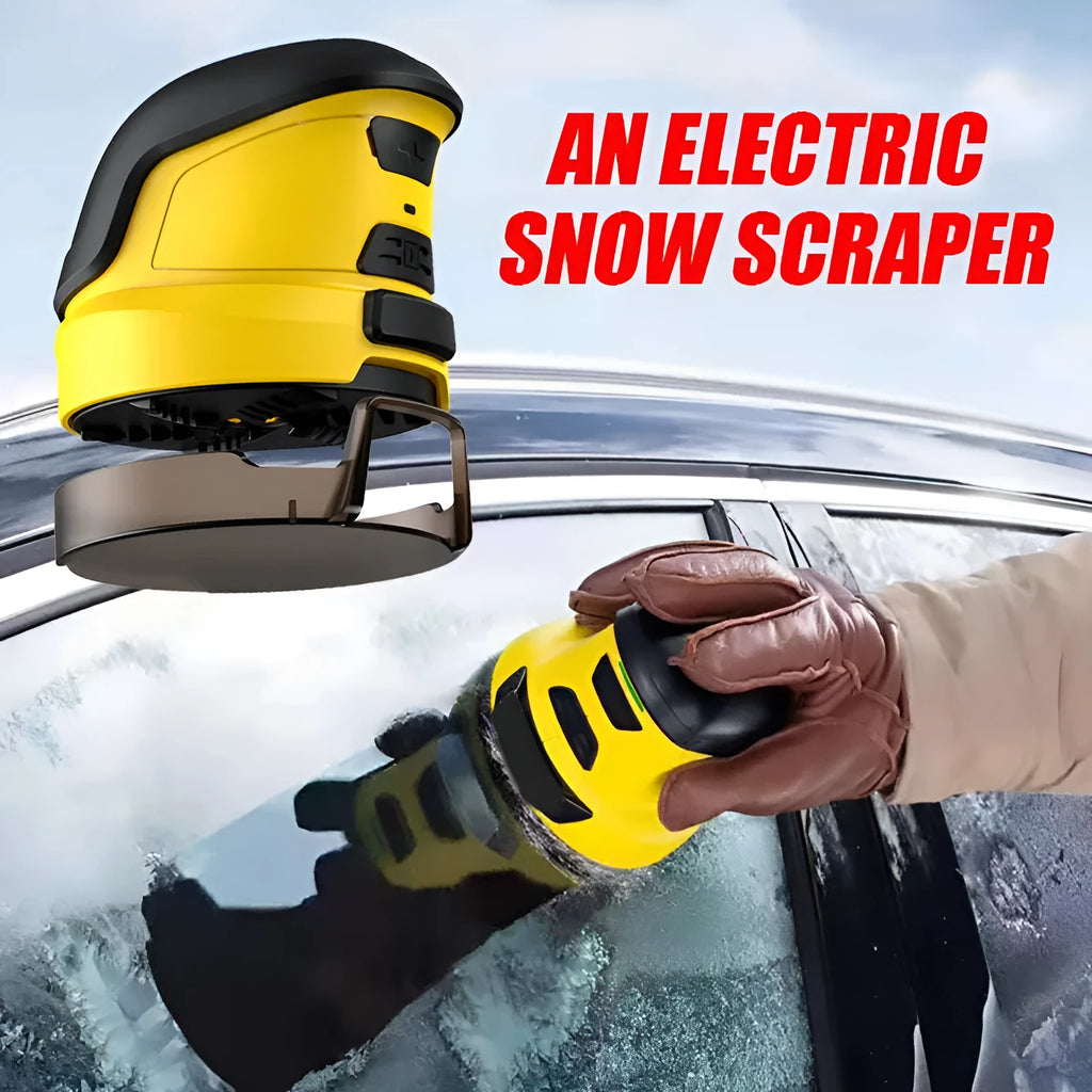 Yellow cordless electric snow scraper with ergonomic handle and removal window for car windscreen de-icing