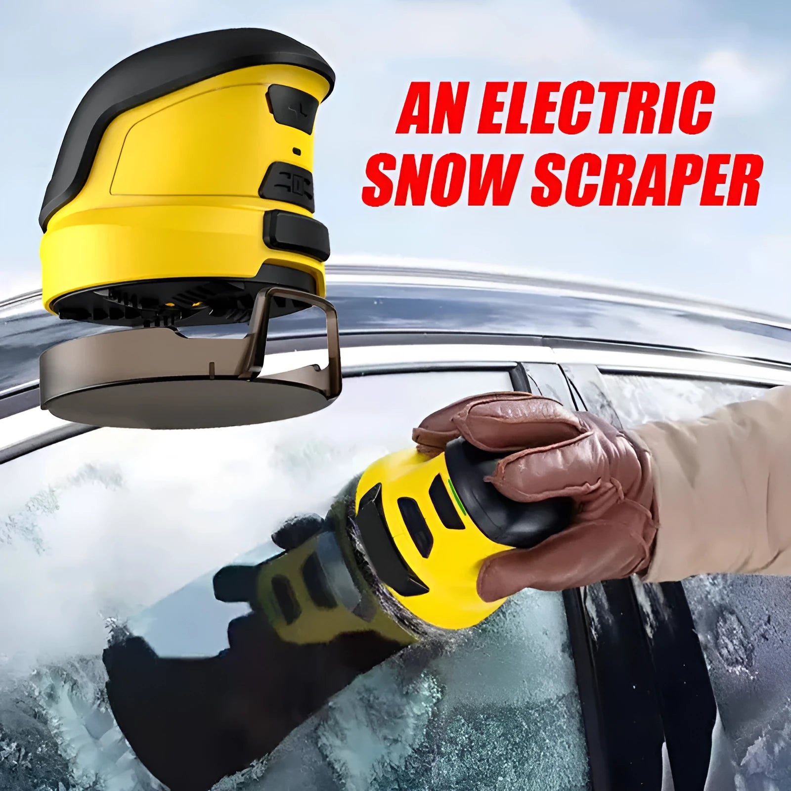 Yellow cordless electric snow scraper with ergonomic handle and removal window for car windscreen de-icing