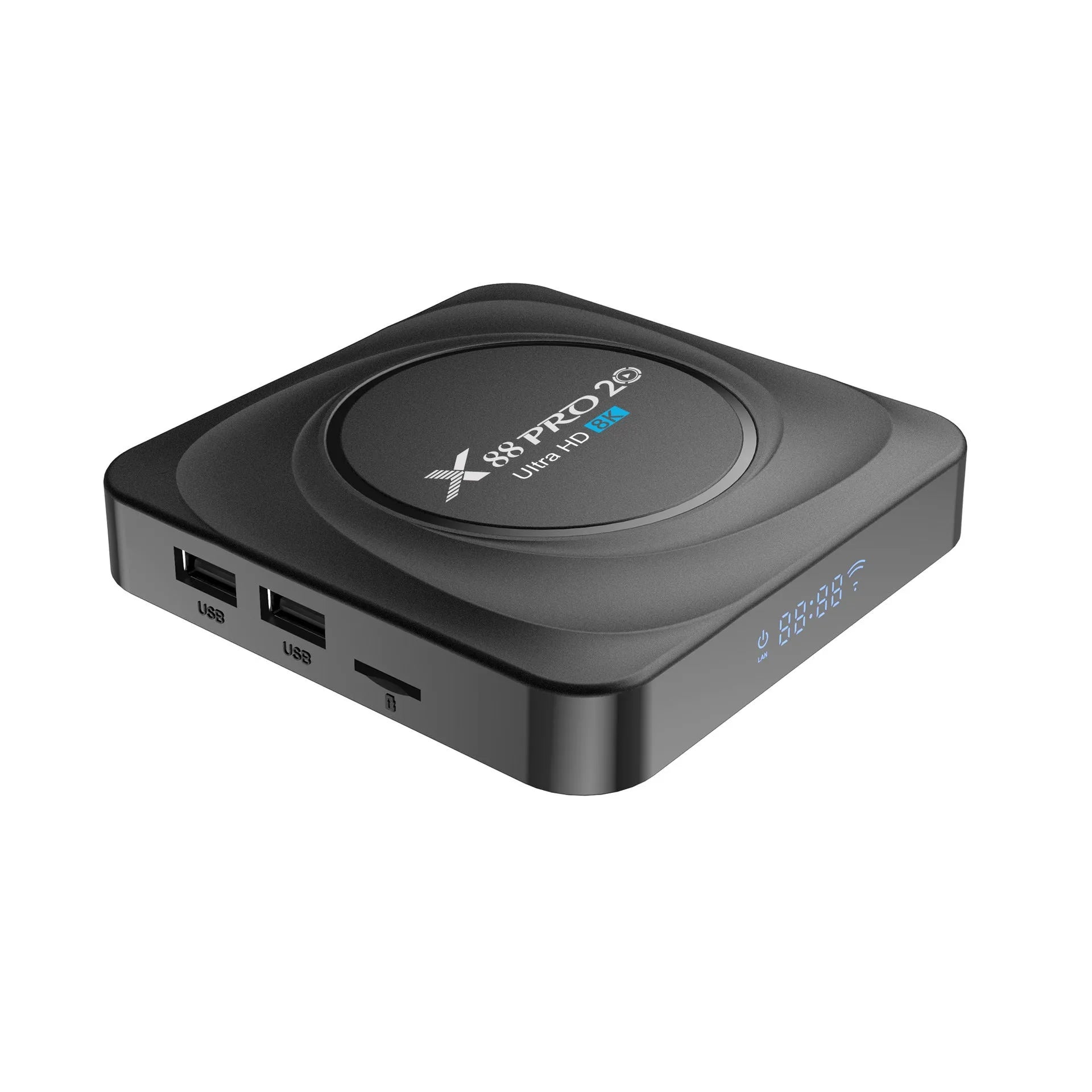 Compact black Android TV box with HDMI port, shown with remote control and power cable