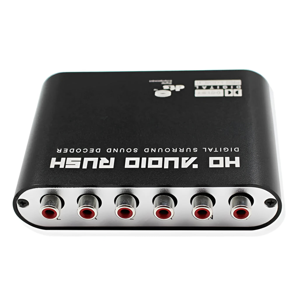 Black DTS Dolby AC-3 audio decoder converting optical fibre coaxial to 5.1 channel surround sound