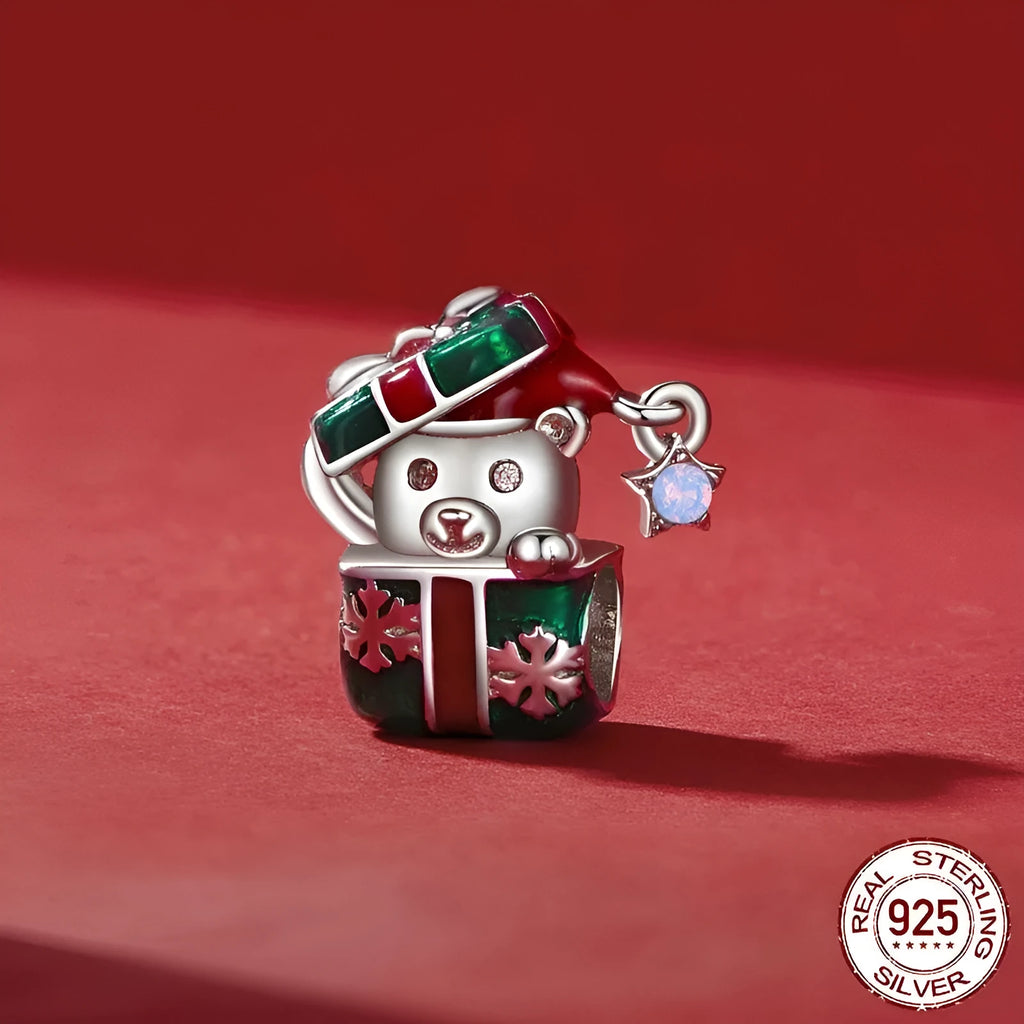 Little bear Christmas gift box silver charm, 14mm x 14mm, 4.5mm hole, BSC940 drip oil bead