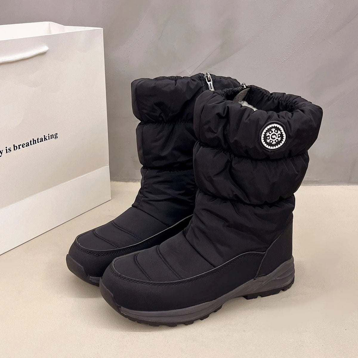 Women's mid-calf snow boots with synthetic short plush lining, waterproof silk upper, side zipper and chunky mid heel