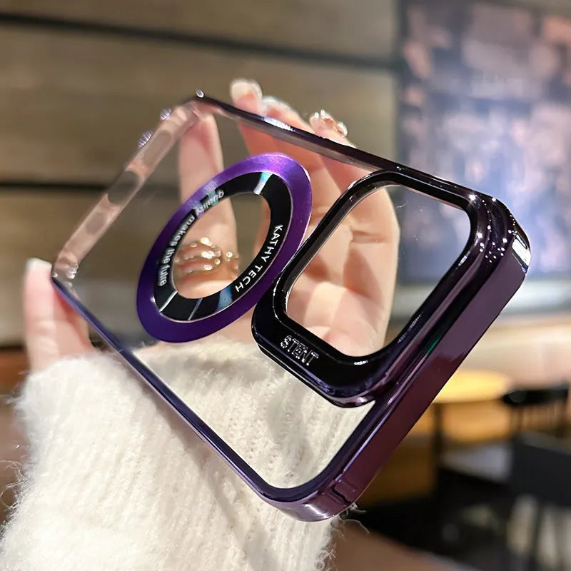 Magnetic mobile phone case for iPhone in dark purple, silver, black, or blue with exposed label design.