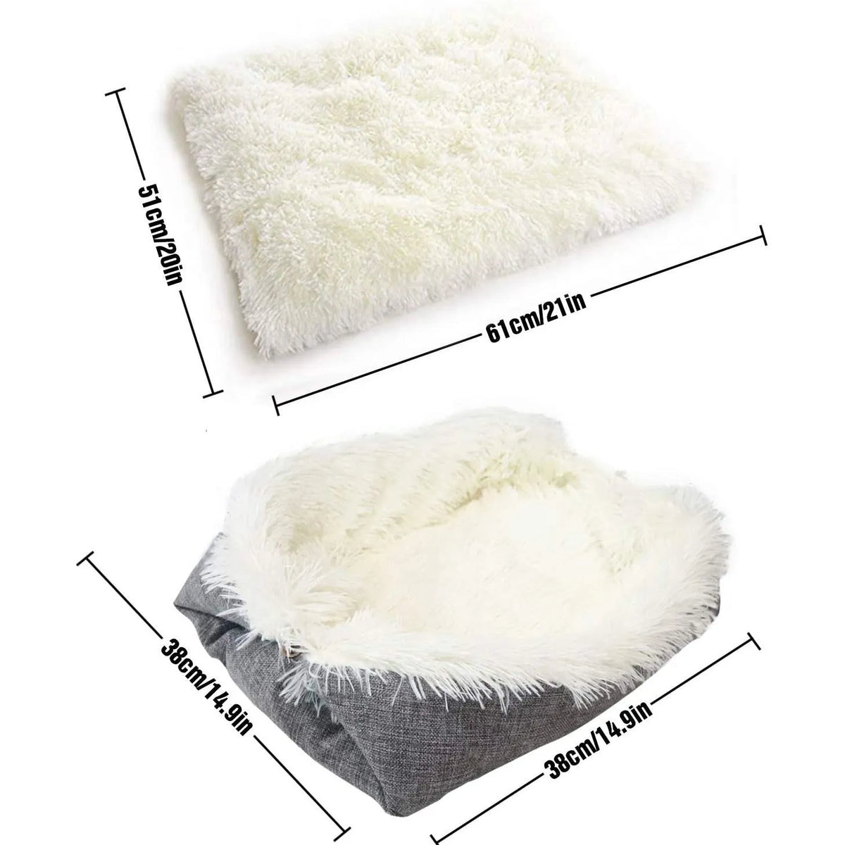 Grey pet blanket nest with fluffy surface and black non-slip base measuring 61cm by 51cm
