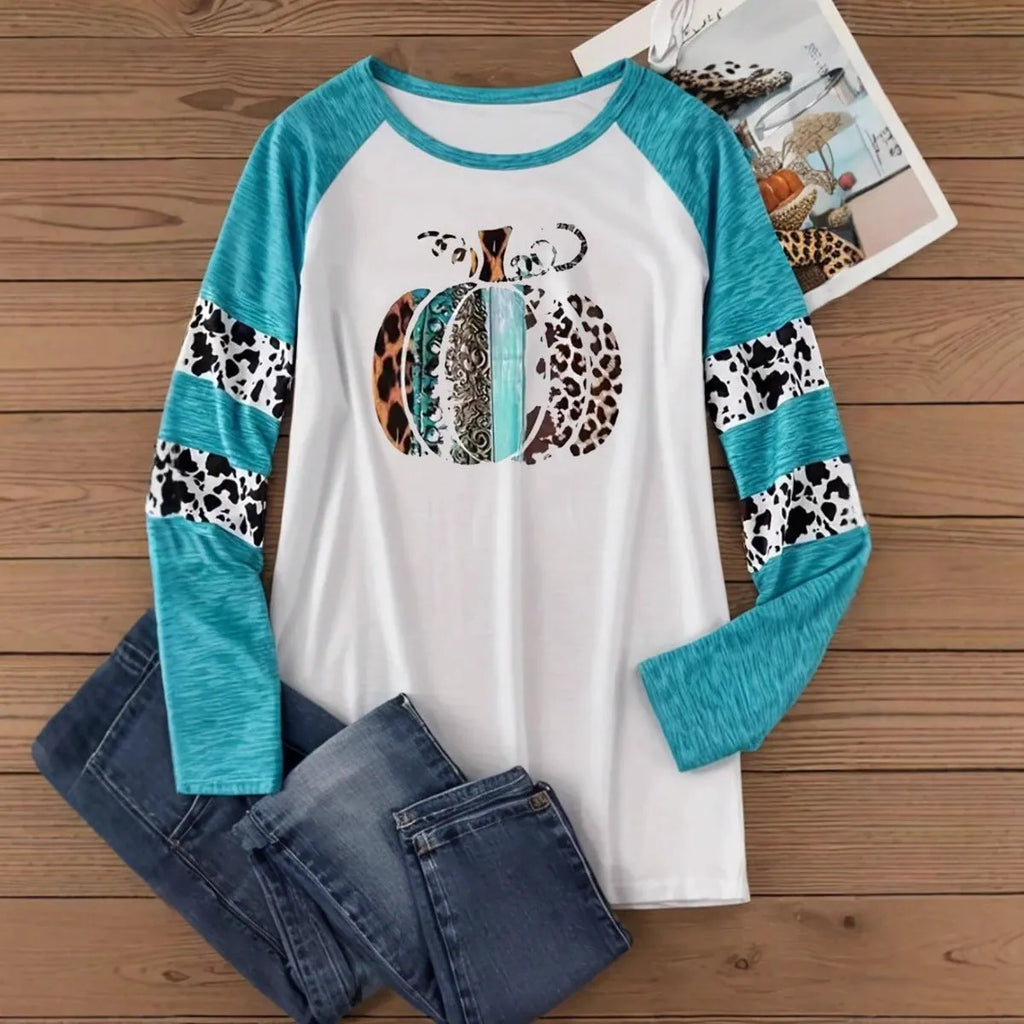 Sky blue Halloween pumpkin 3D print casual T-shirt with long sleeves and polyester fabric
