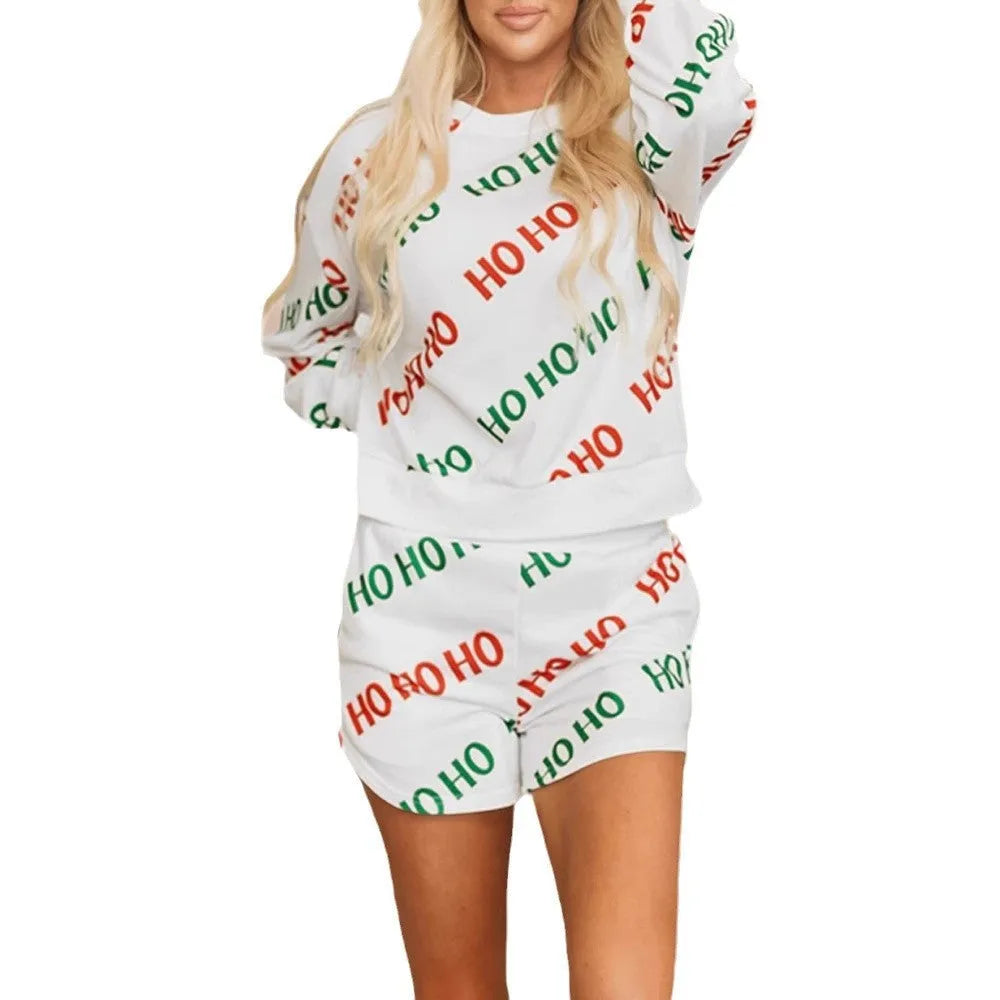 Women's white letters printed two-piece suit with long sleeves and matching pants